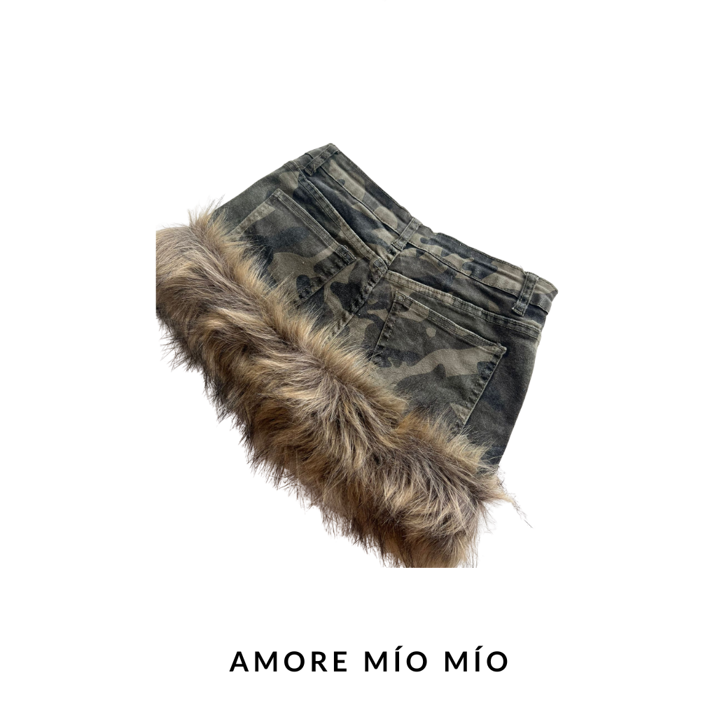 Handmade Camouflage Faux Fur Mini Skirt