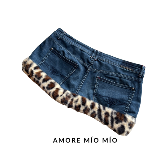 Vintage Denim Mini Skirt with Leopard Faux Fur