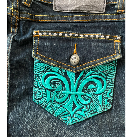 vintage Denim Mini Skirt with Turquoise Embroidery & Stud Details
