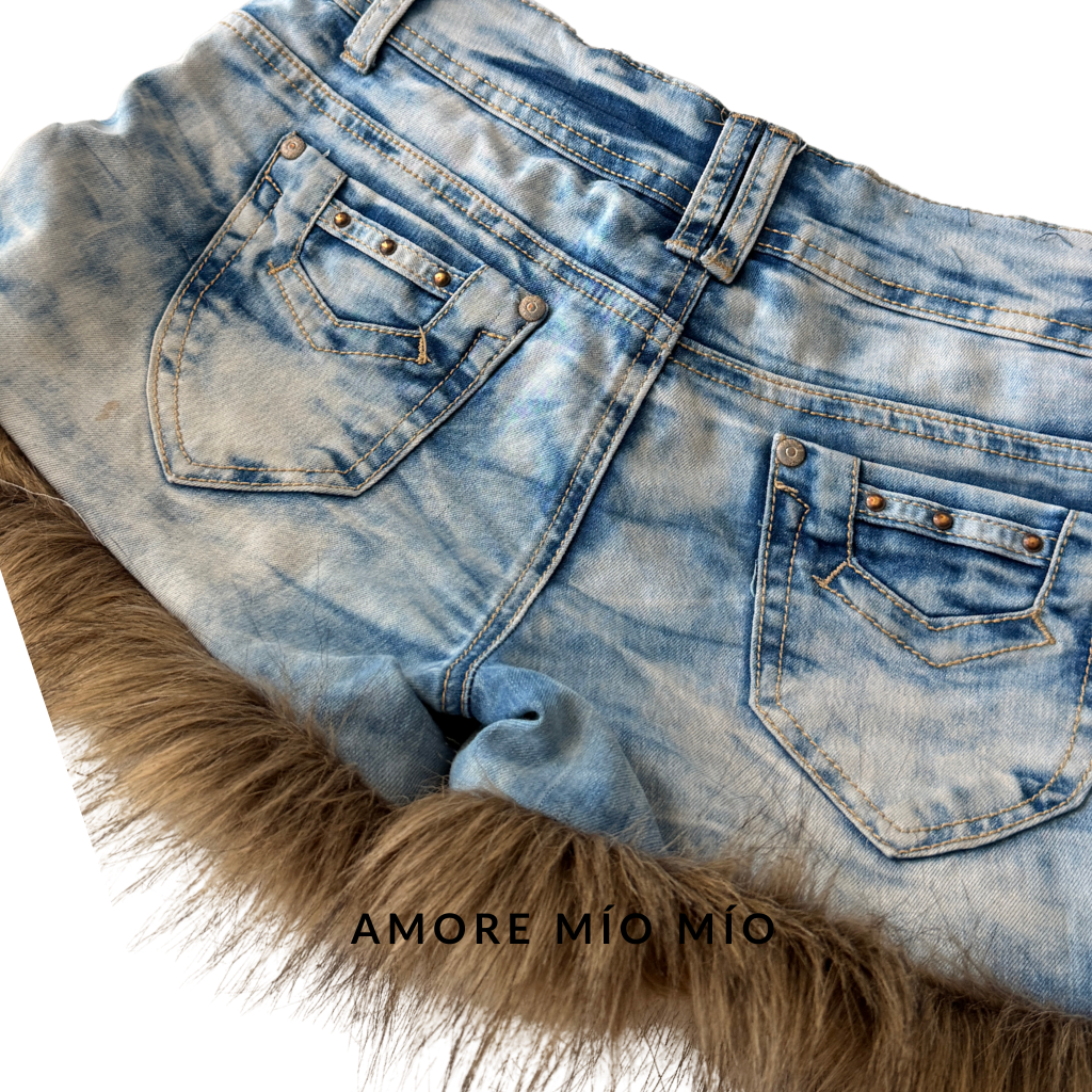 Vintage Low-Rise Denim Shorts with Faux Fur