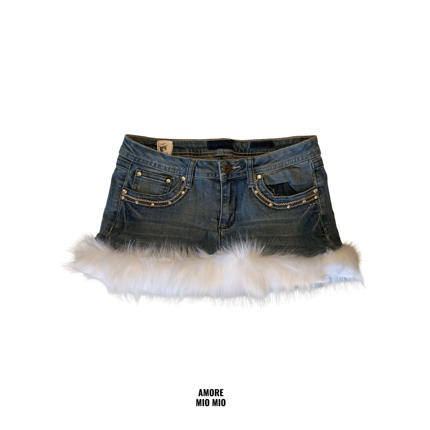 WHITE DENIM MINI SKIRT WITH FAUX FUR