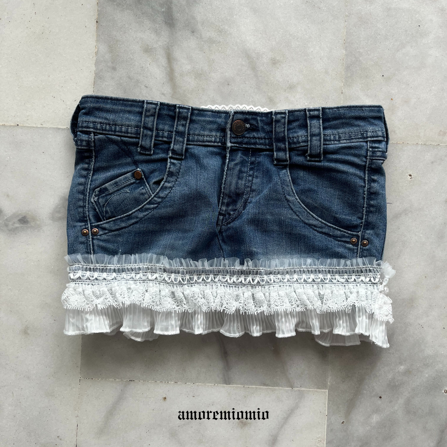 Low-Rise Style Reworked Denim Mini Skirt with Lace Details