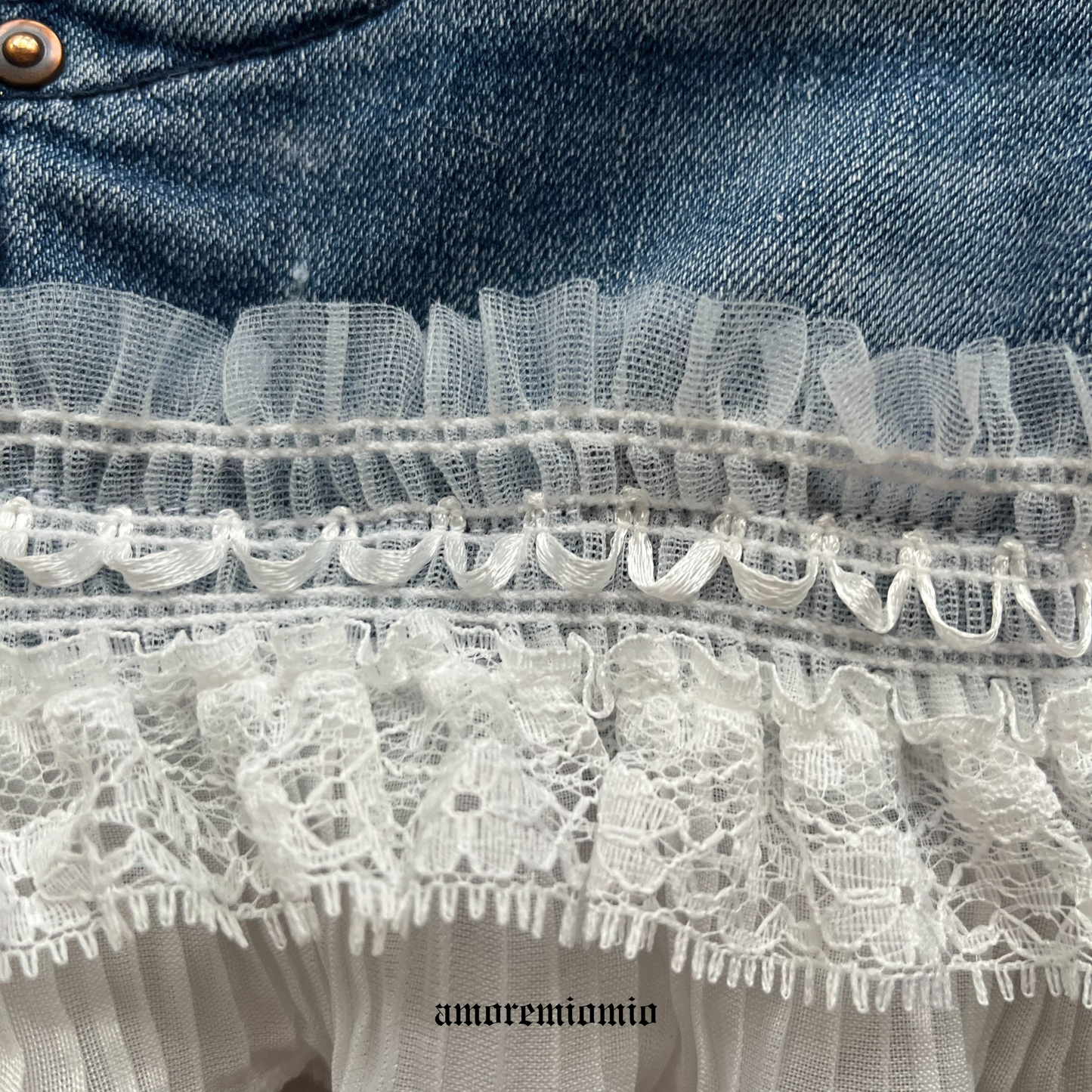 Low-Rise Style Reworked Denim Mini Skirt with Lace Details