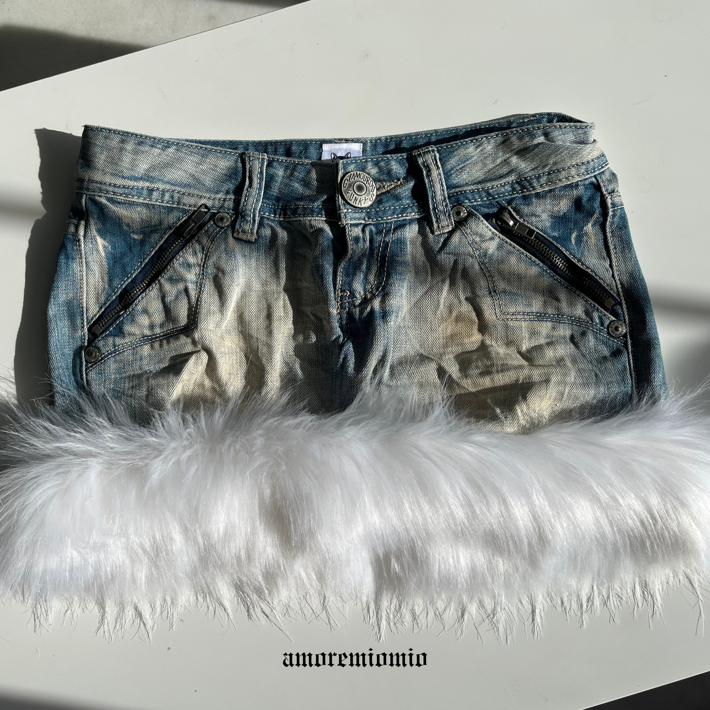 Low-Rise Denim Mini Skirt with Faux Fur