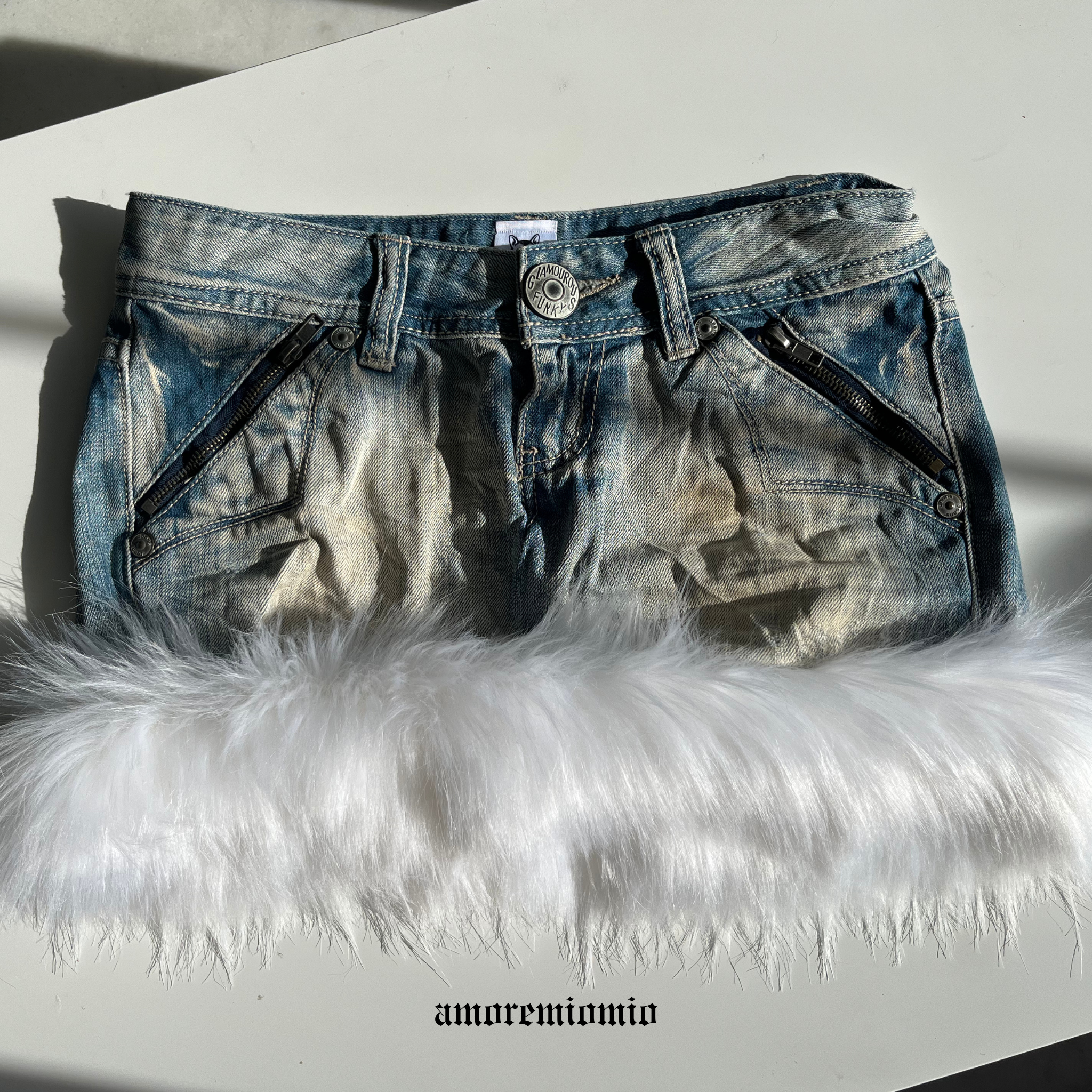 Low-Rise Denim Mini Skirt with Faux Fur