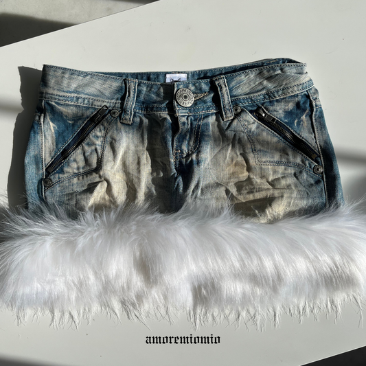 Low-Rise Denim Mini Skirt with Faux Fur
