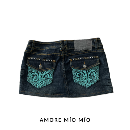 vintage Denim Mini Skirt with Turquoise Embroidery & Stud Details