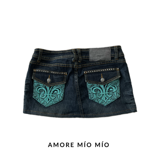 vintage Denim Mini Skirt with Turquoise Embroidery & Stud Details