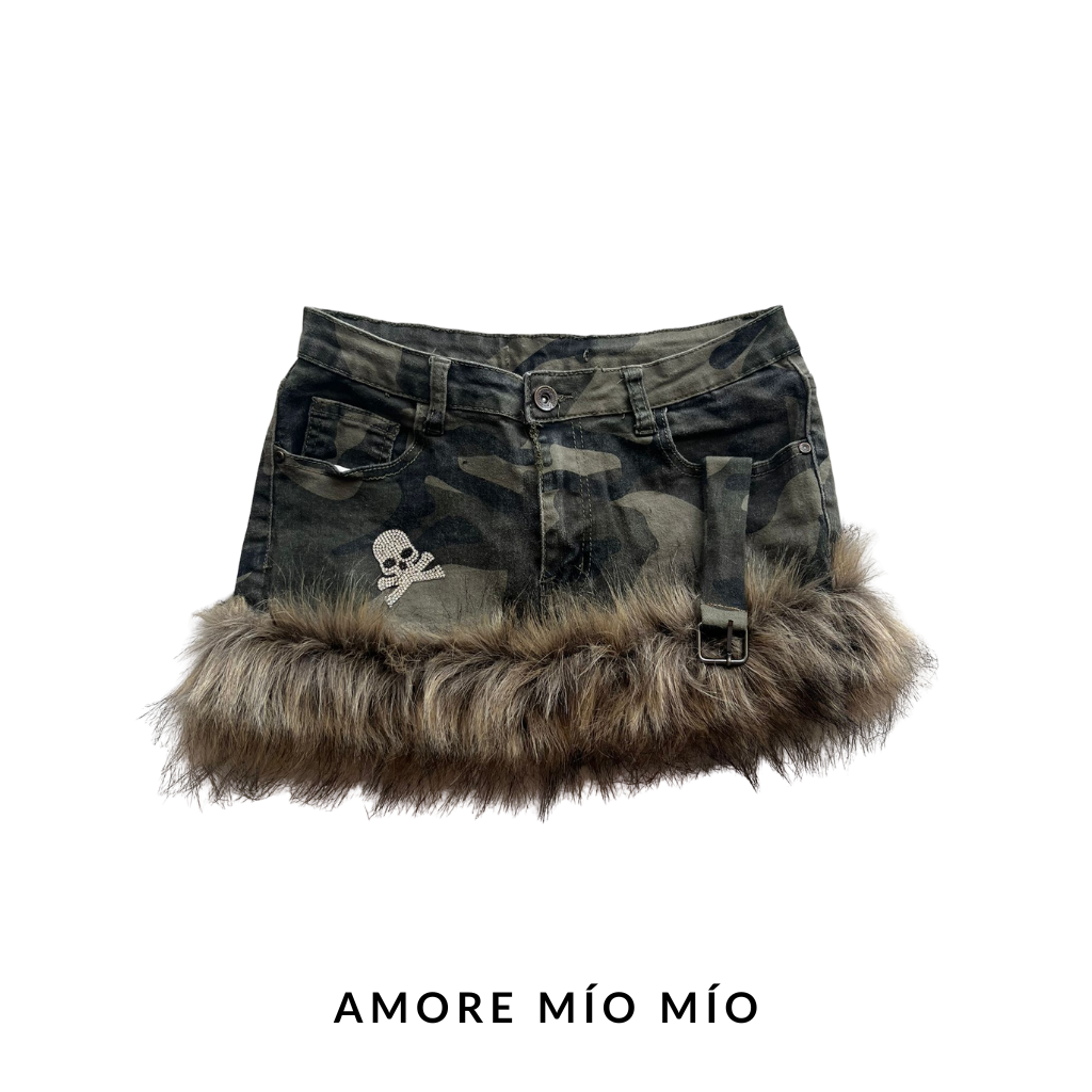 Handmade Camouflage Faux Fur Mini Skirt