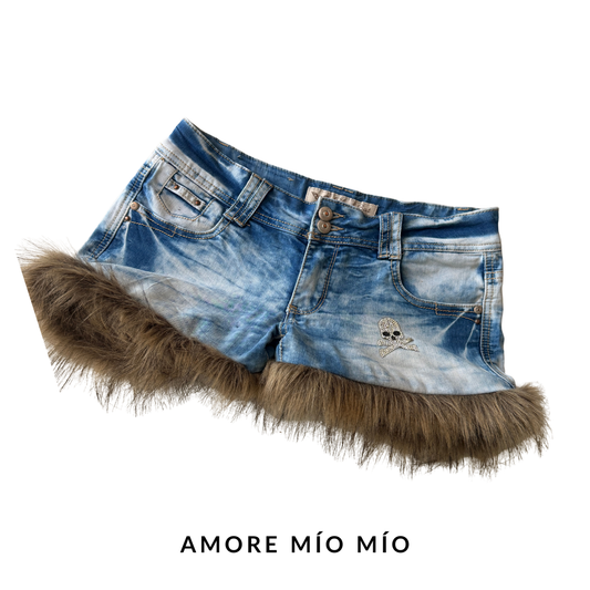 Vintage Low-Rise Denim Shorts with Faux Fur