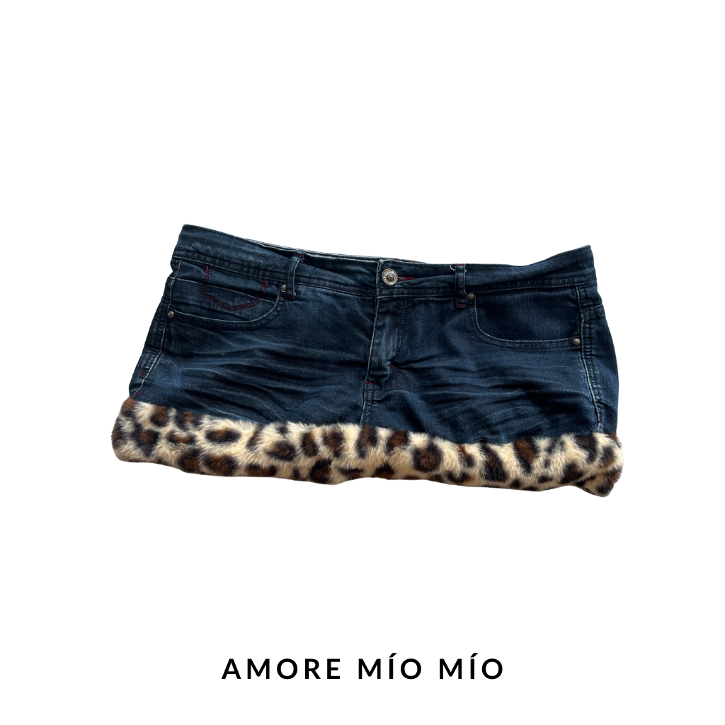 Vintage Denim Mini Skirt with Leopard Faux Fur