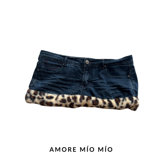 Vintage Denim Mini Skirt with Leopard Faux Fur