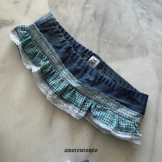 Denim Mini Skirt with Plaid Ruffle