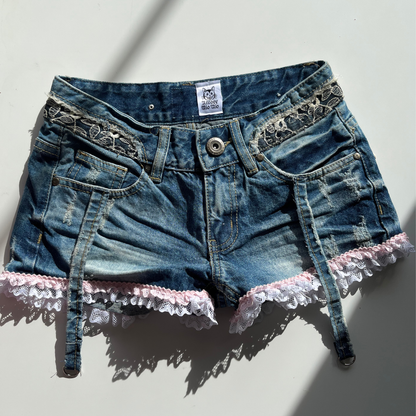 Denim Mini Shorts with Lace & Garter Straps