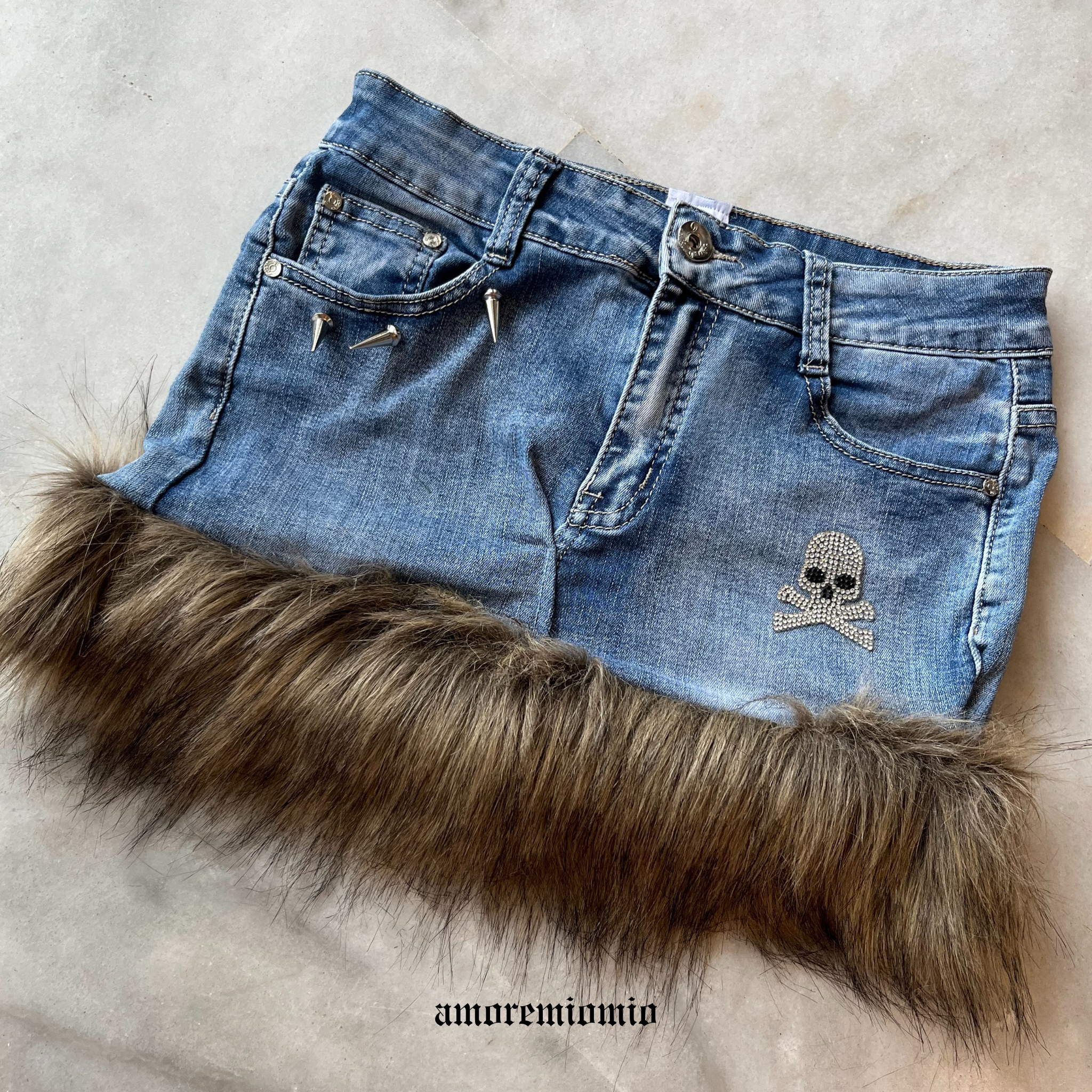 Fur Trim Denim Mini Skirt