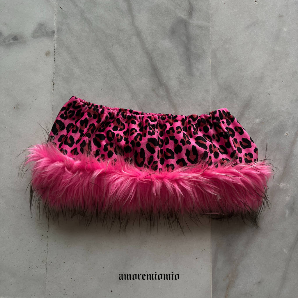 Pink Leopard Mini Skirt with Faux Fur Trim Y2K