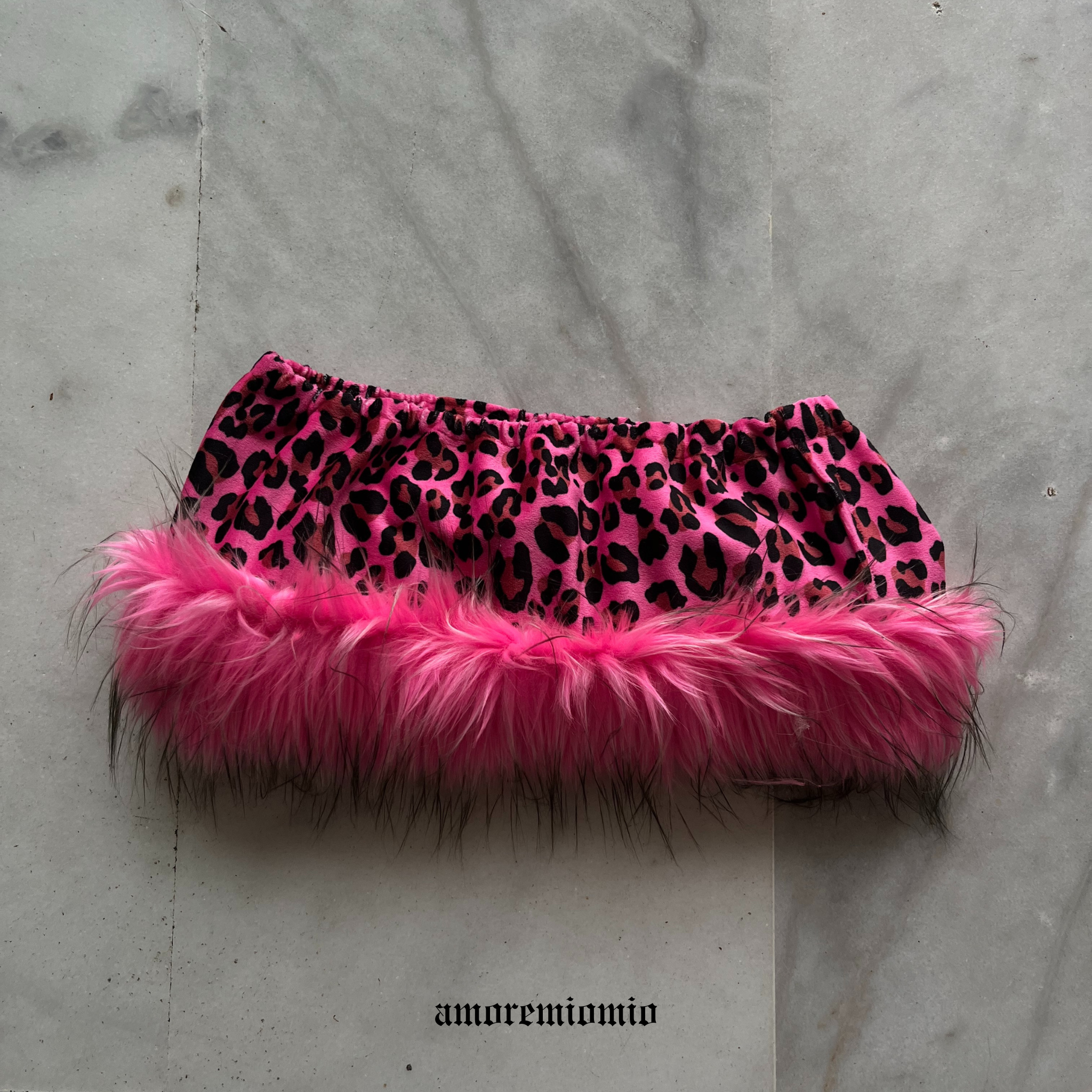 Pink Leopard Mini Skirt with Faux Fur Trim y2k