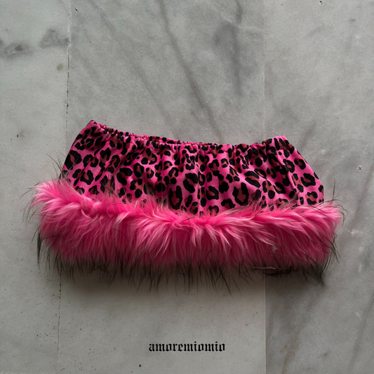 Pink Leopard Mini Skirt with Faux Fur Trim y2k