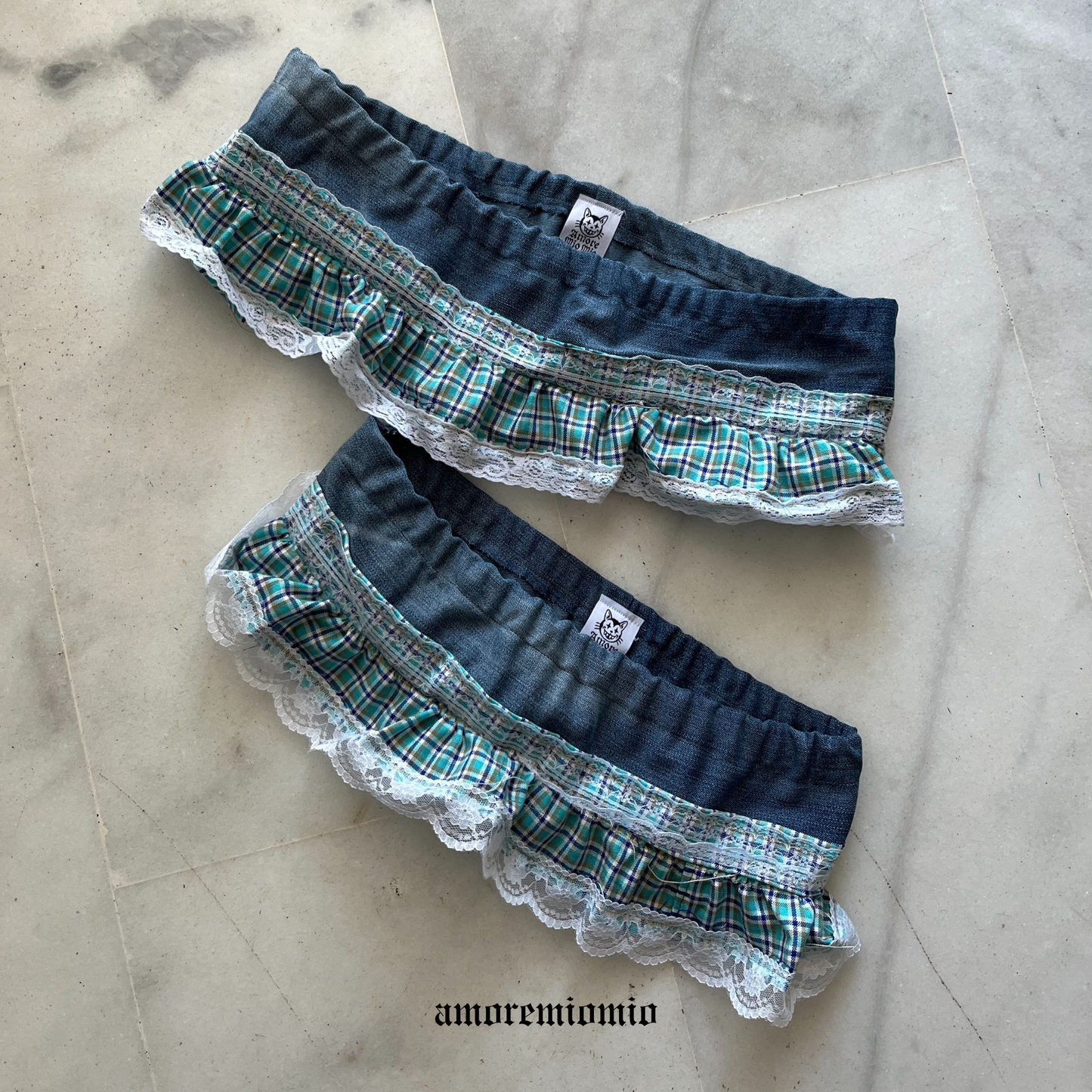 Denim Mini Skirt with Plaid Ruffle