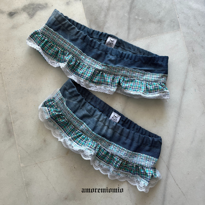 Denim Mini Skirt with Plaid Ruffle