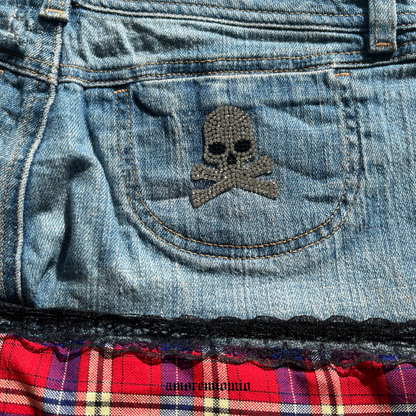 Low-Rise Denim Mini Skirt with Plaid Hem