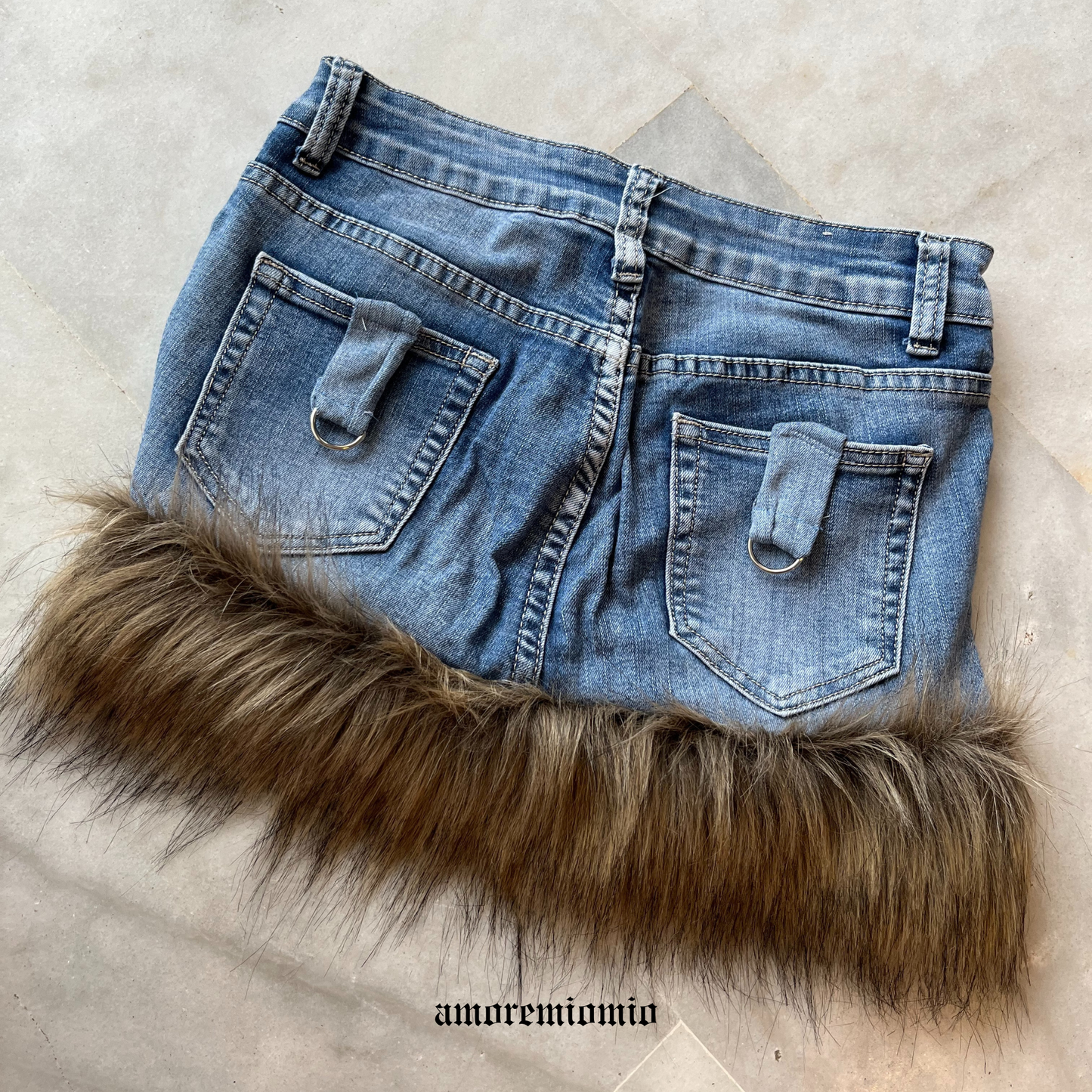 Fur Trim Denim Mini Skirt