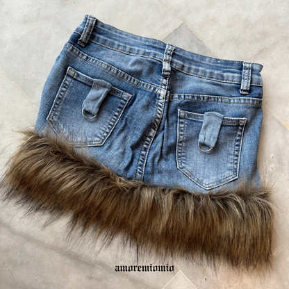 Fur Trim Denim Mini Skirt