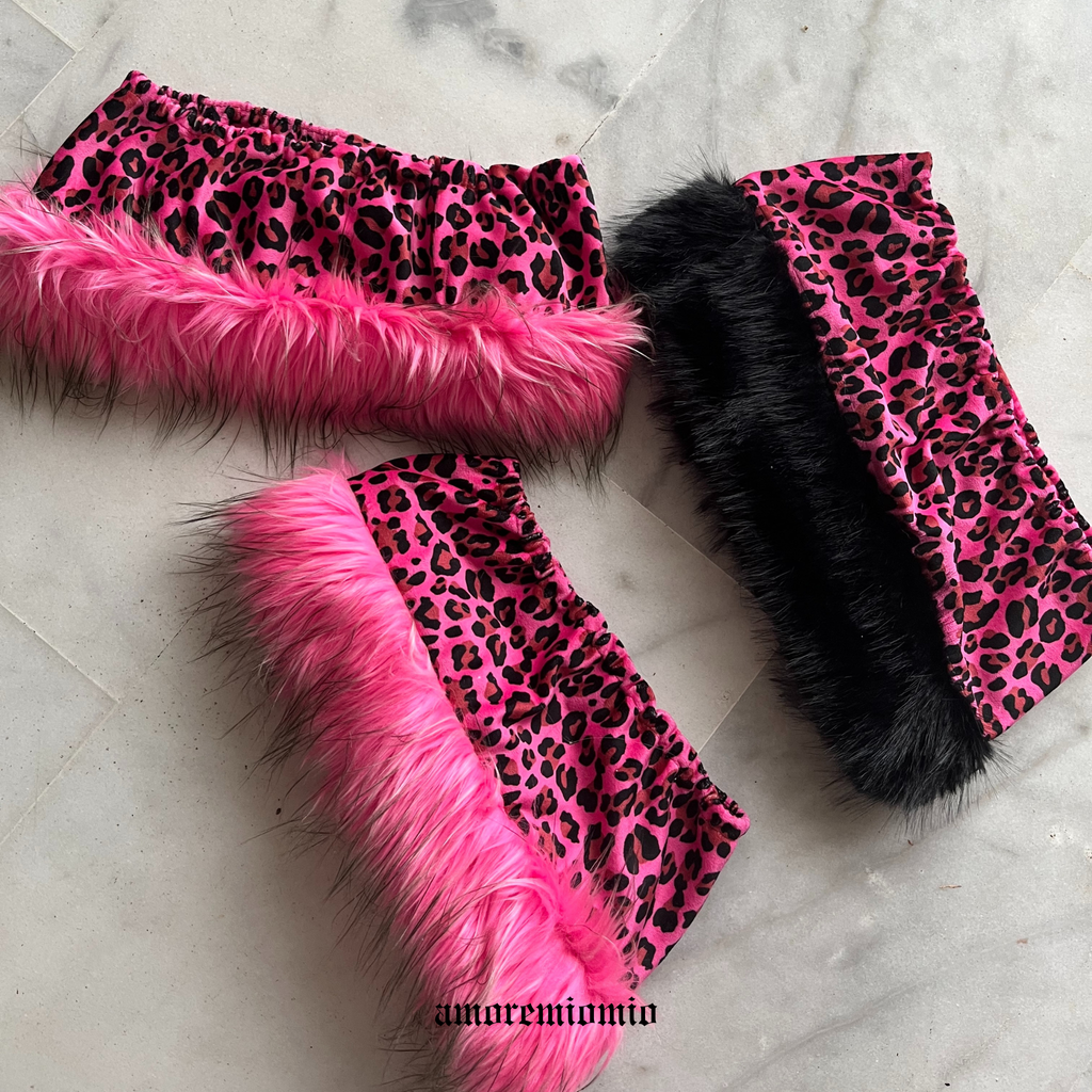 Pink Leopard Mini Skirt with Faux Fur Trim Y2K