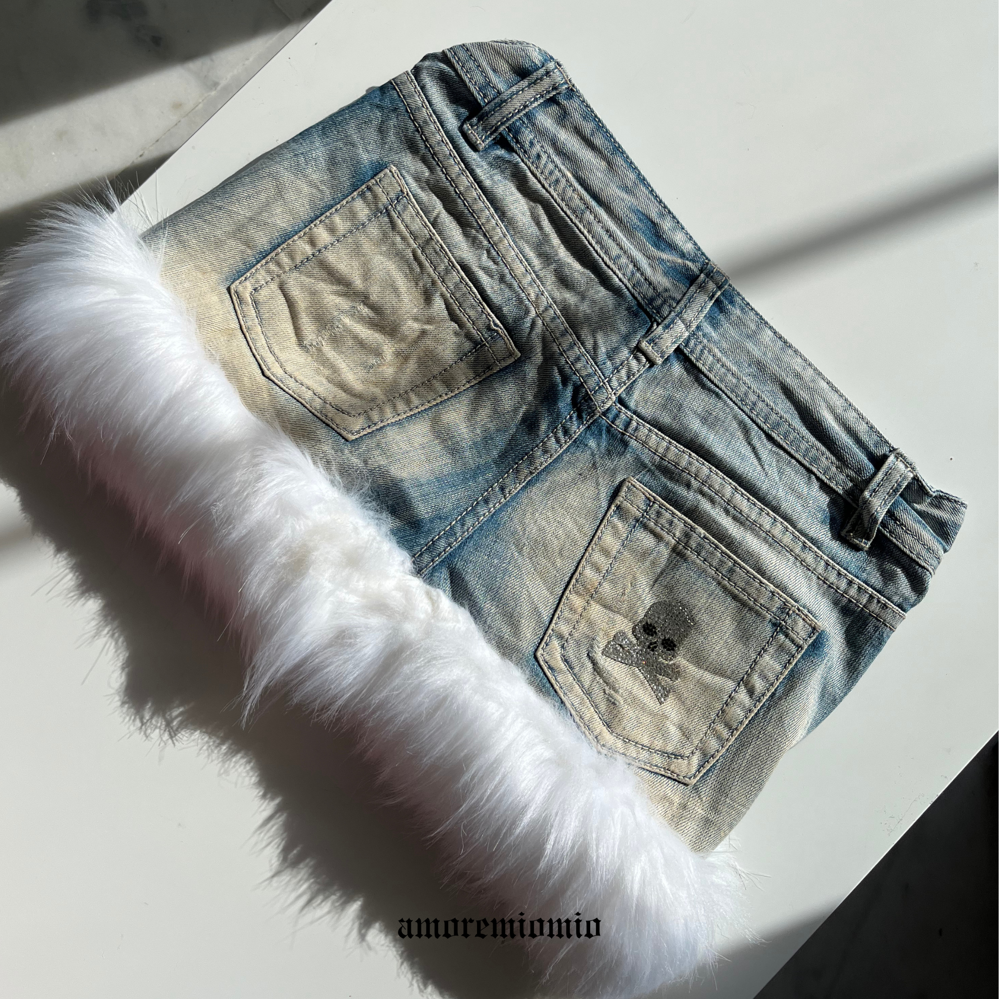 Low-Rise Denim Mini Skirt with Faux Fur