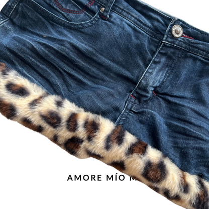 Vintage Denim Mini Skirt with Leopard Faux Fur