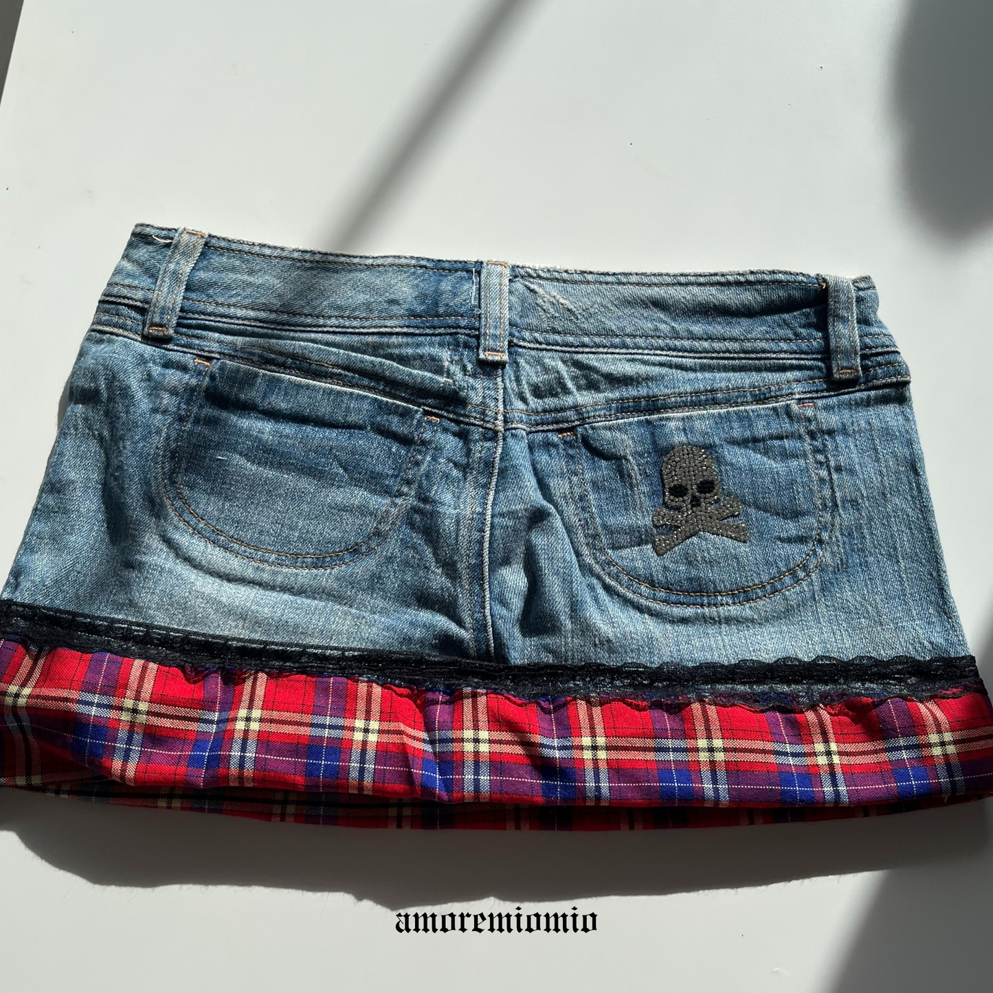 Low-Rise Denim Mini Skirt with Plaid Hem