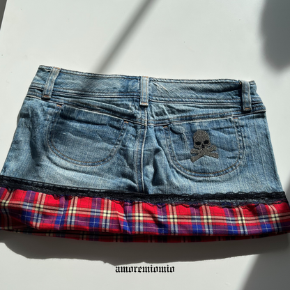 Low-Rise Denim Mini Skirt with Plaid Hem