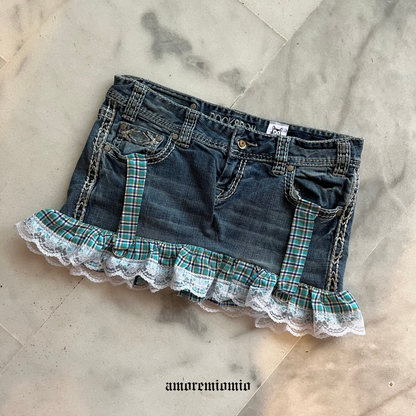 Denim Mini Skirt with Lace & Plaid Details