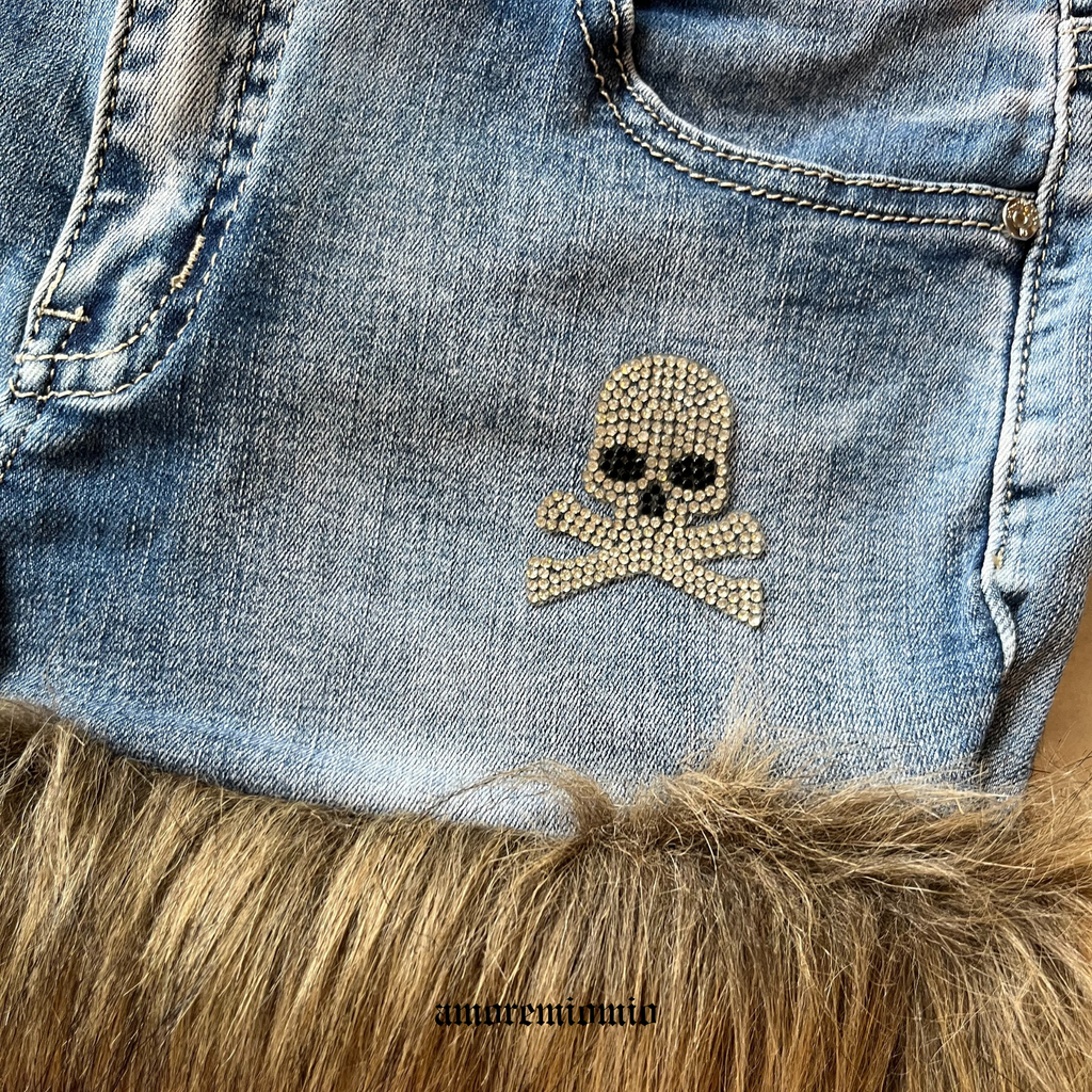 Fur Trim Denim Mini Skirt