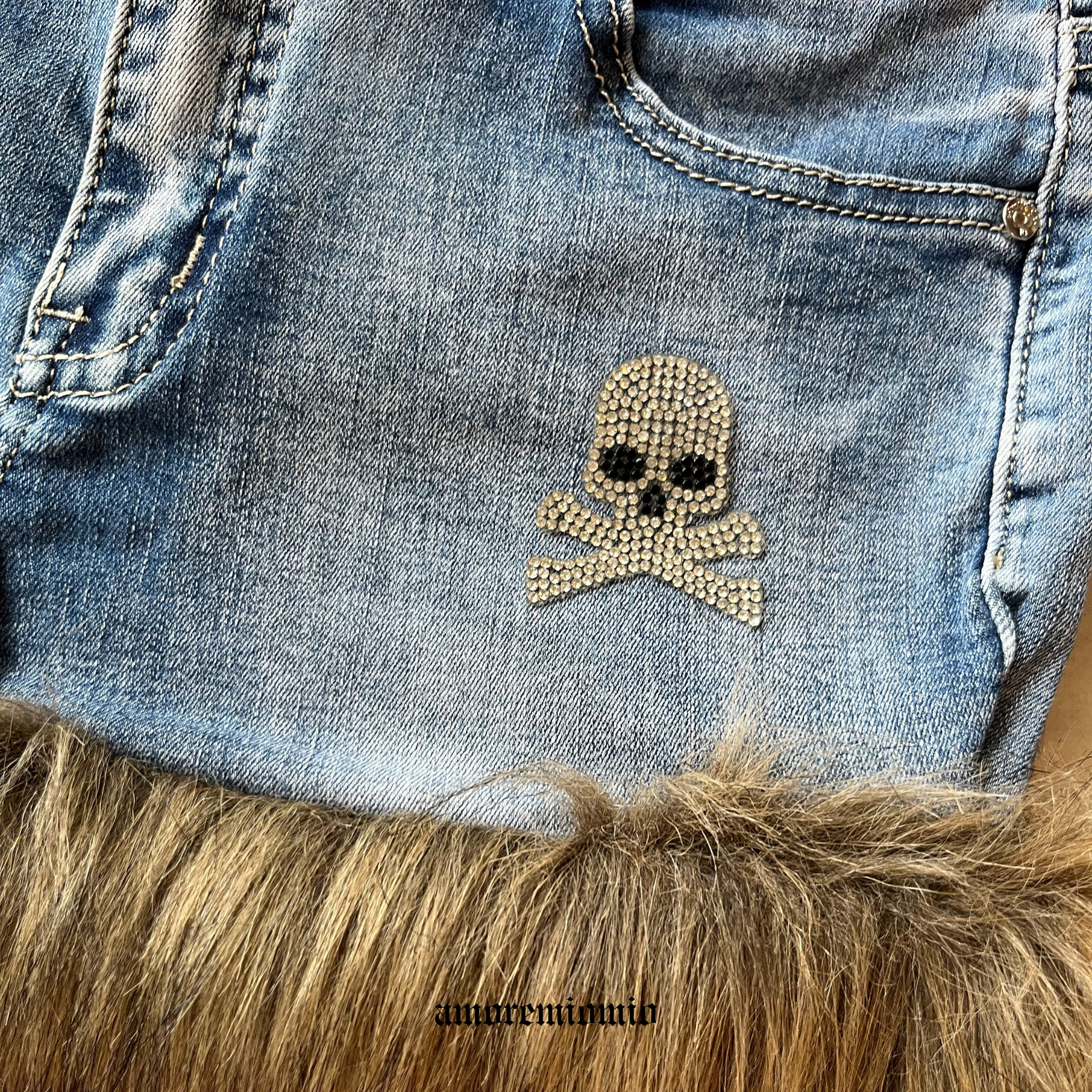 Fur Trim Denim Mini Skirt