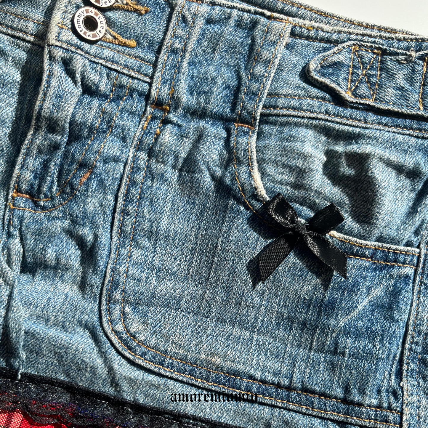 Low-Rise Denim Mini Skirt with Plaid Hem