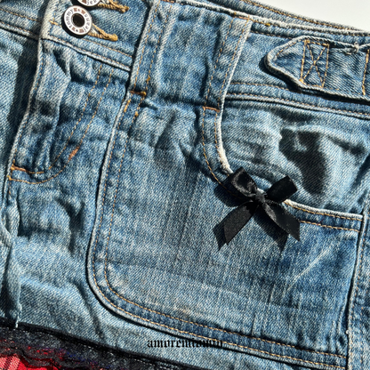 Low-Rise Denim Mini Skirt with Plaid Hem