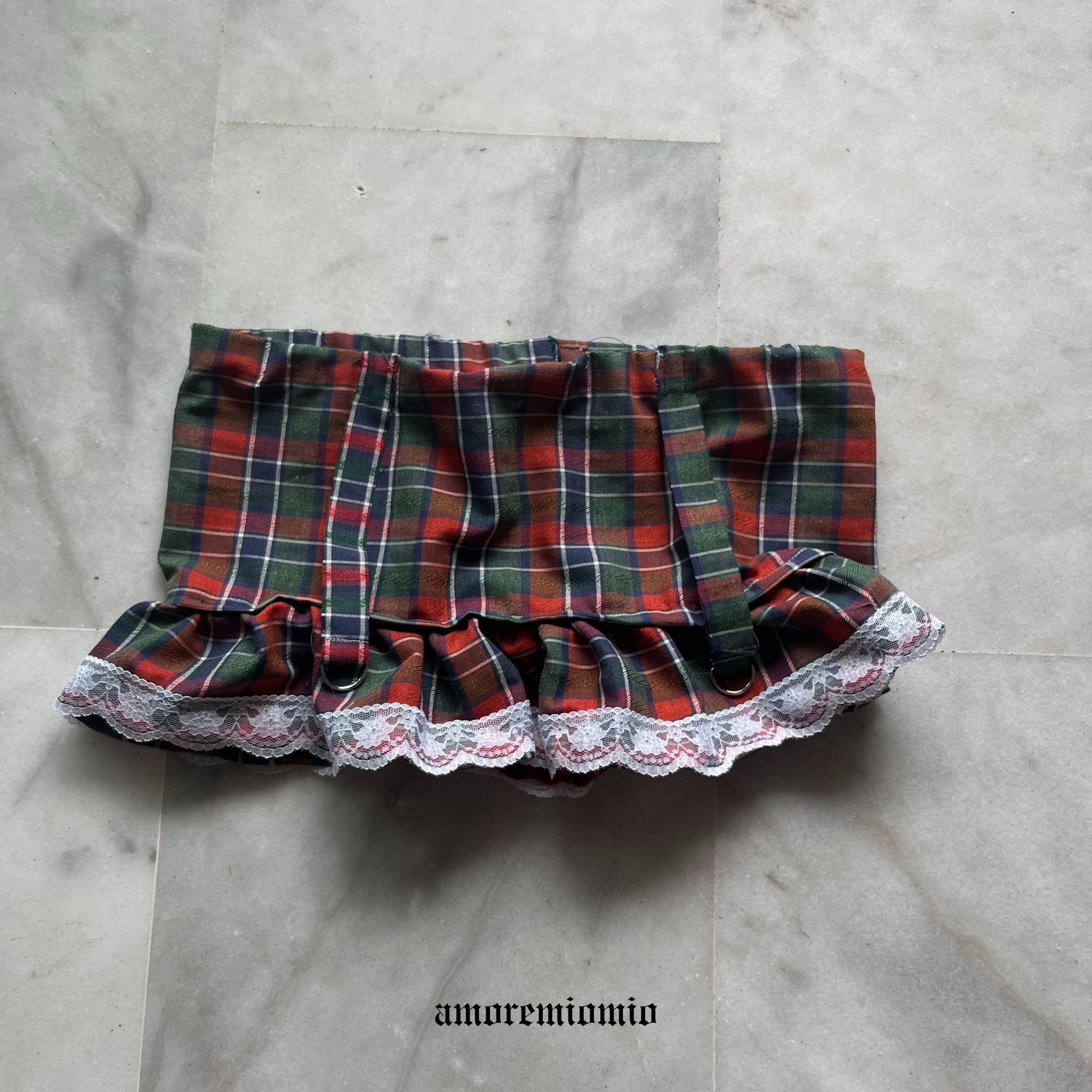 Plaid Mini Skirt with Lace Trim & Straps