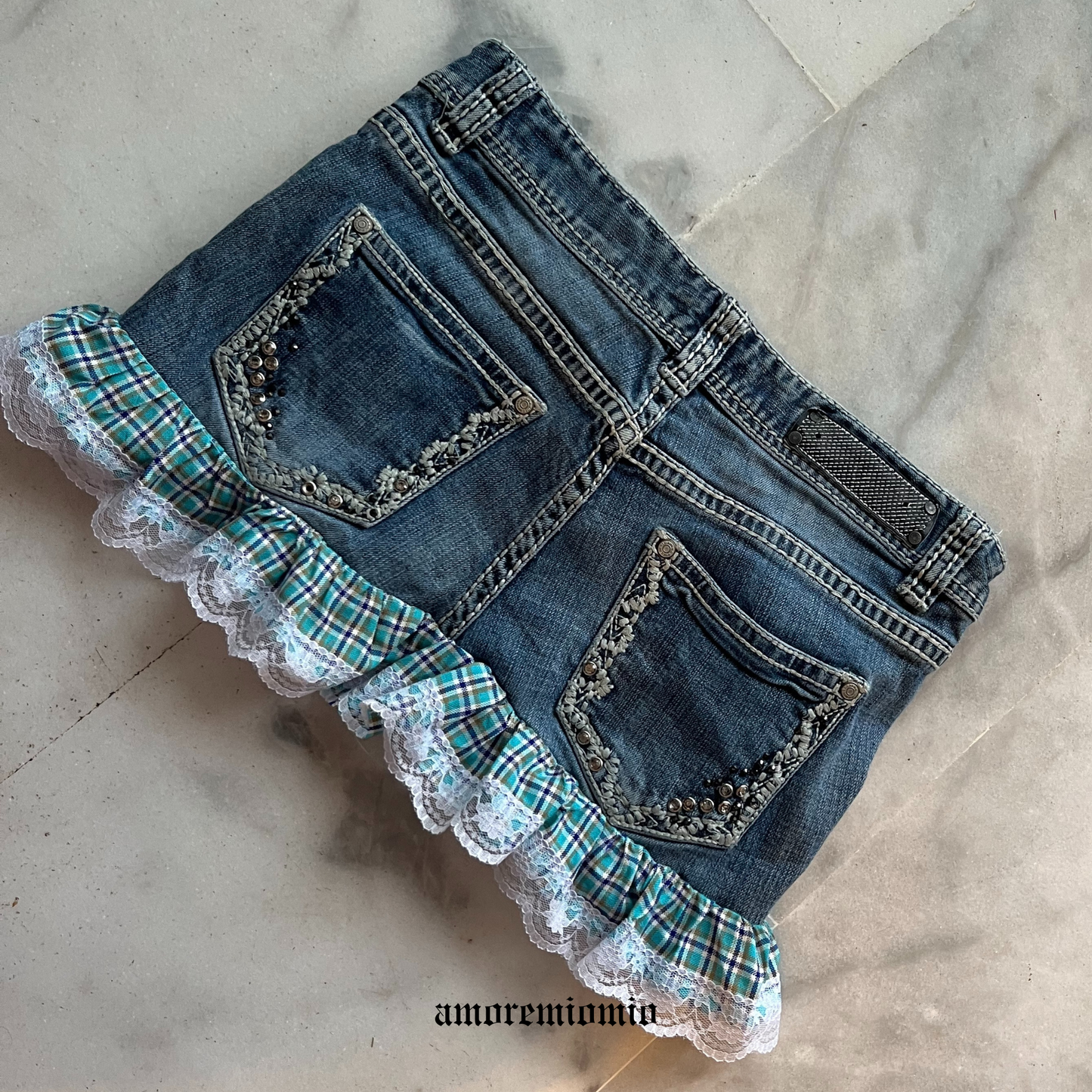Denim Mini Skirt with Lace & Plaid Details