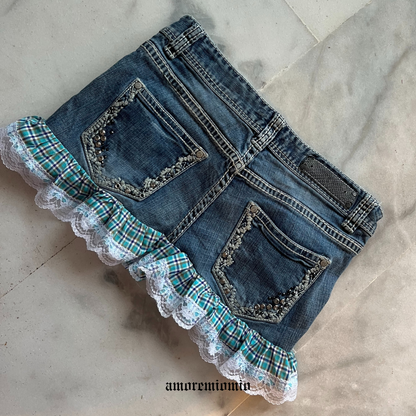Denim Mini Skirt with Lace & Plaid Details