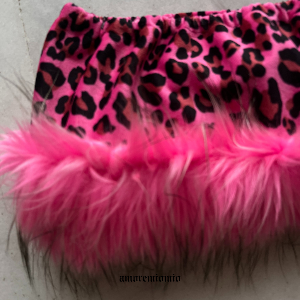 Pink Leopard Mini Skirt with Faux Fur Trim Y2K