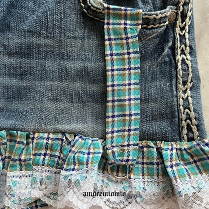 Denim Mini Skirt with Lace & Plaid Details