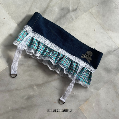Y2K Denim Mini Skirt with Plaid Ruffle, Lace & Strap Details