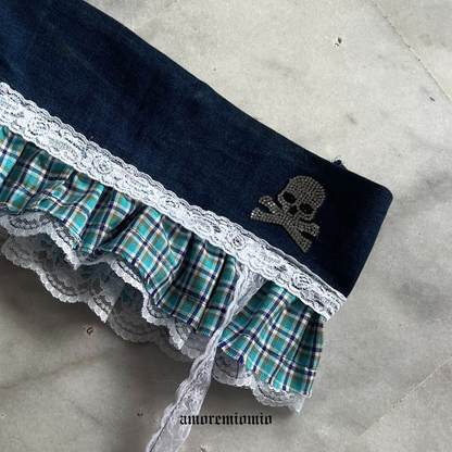 Y2K Denim Mini Skirt with Plaid Ruffle, Lace & Strap Details