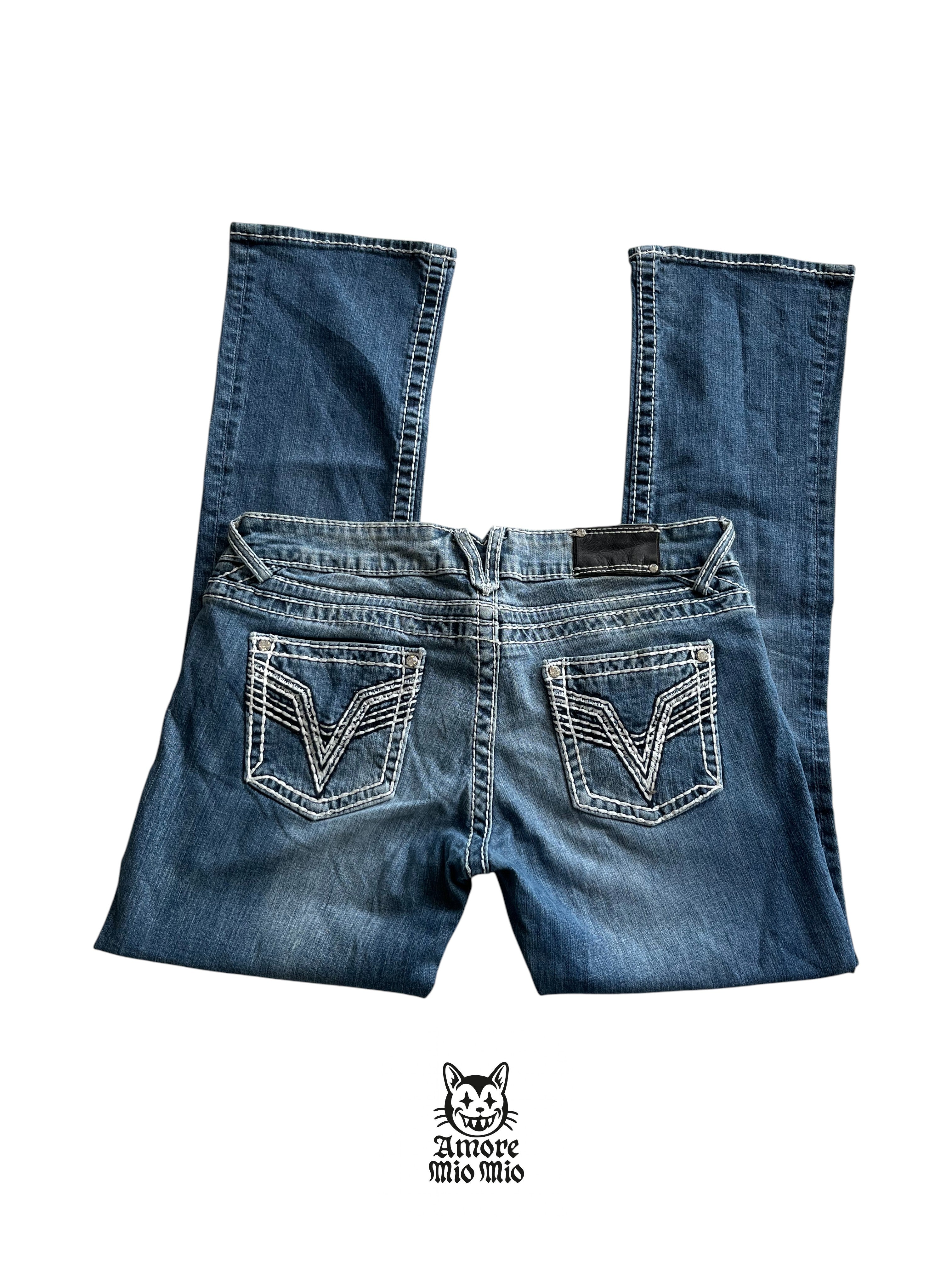 Vaqueros Y2K flare de tiro bajo con bolsillos bordados