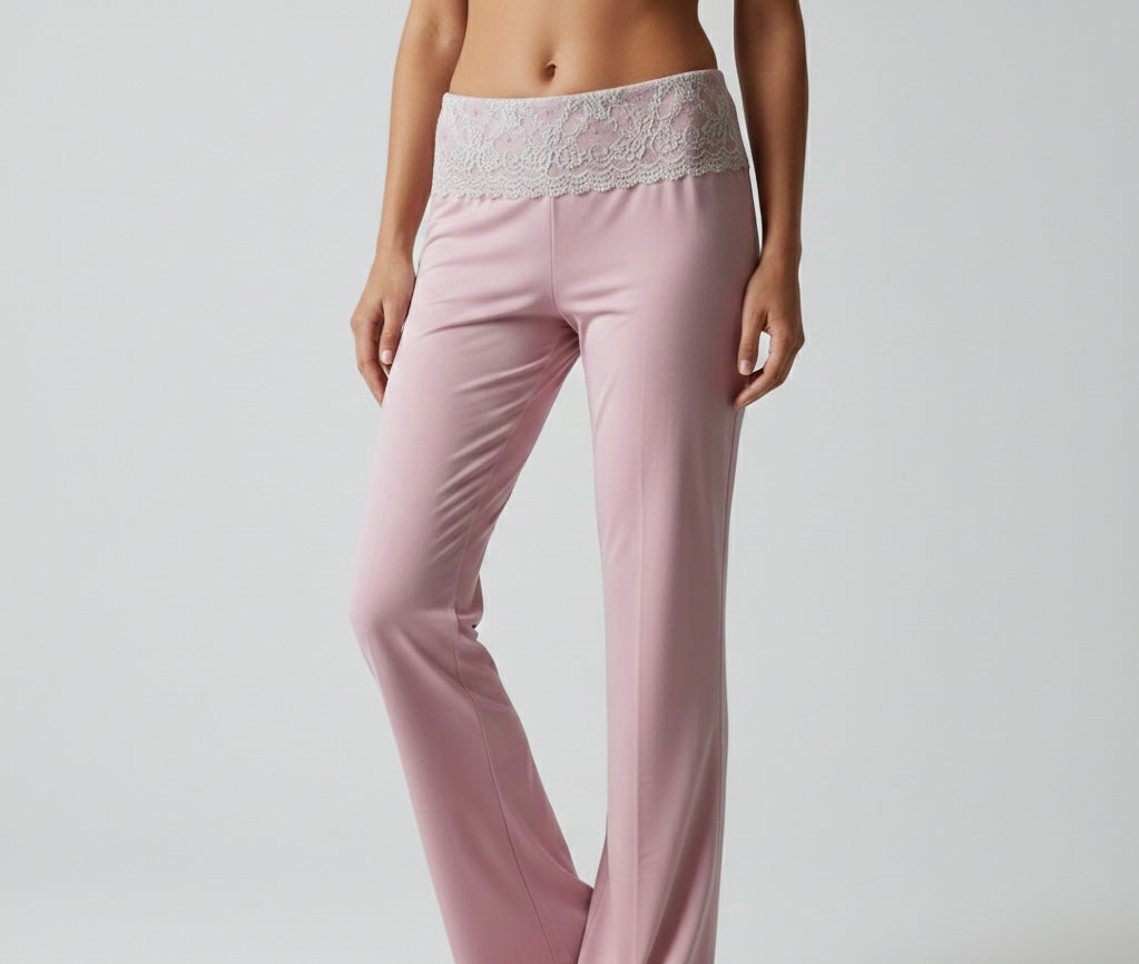 leggins rosa de tiro bajo con  encaje