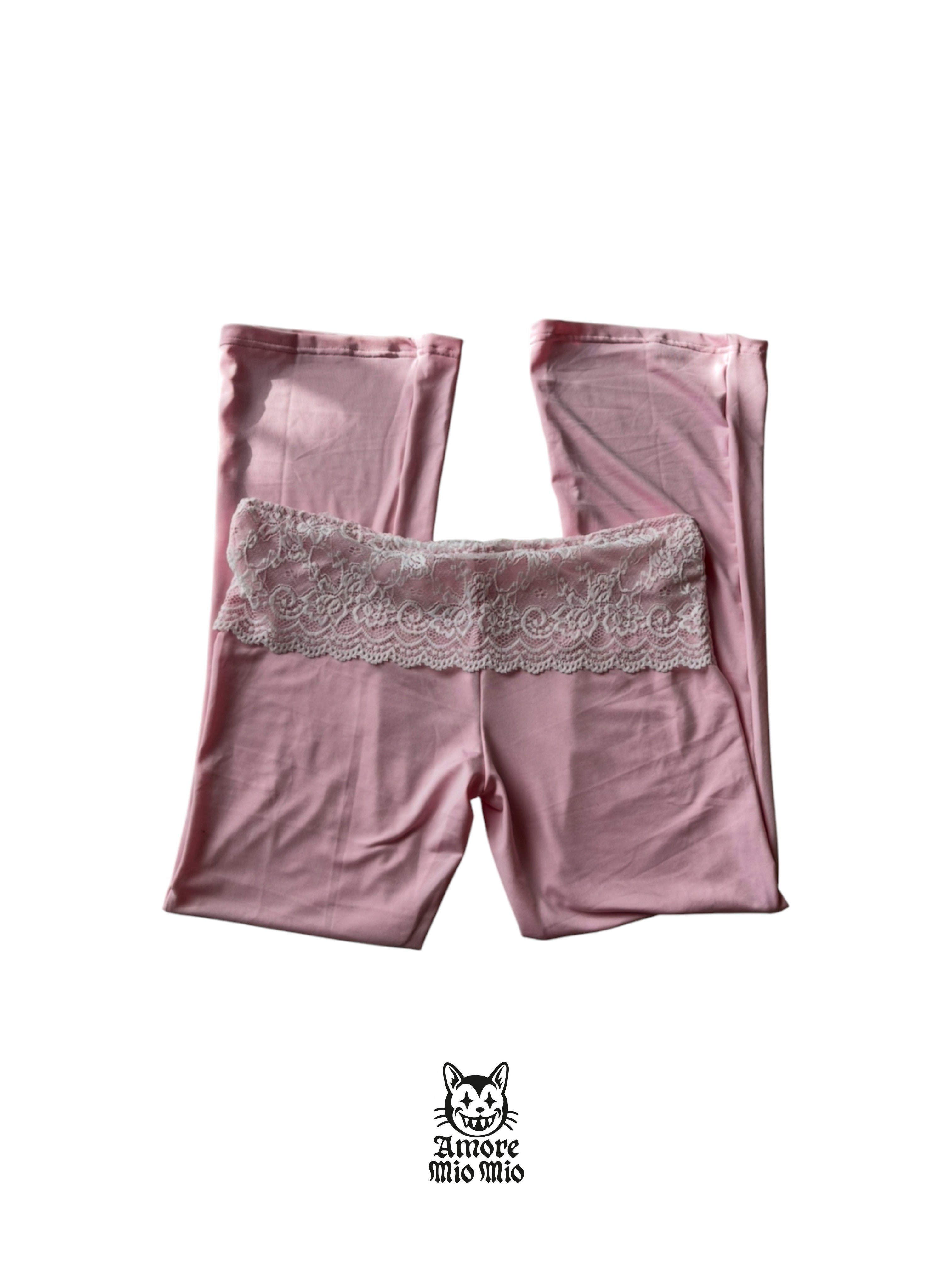 leggins rosa de tiro bajo con  encaje