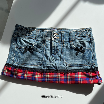 Low-Rise Denim Mini Skirt with Plaid Hem