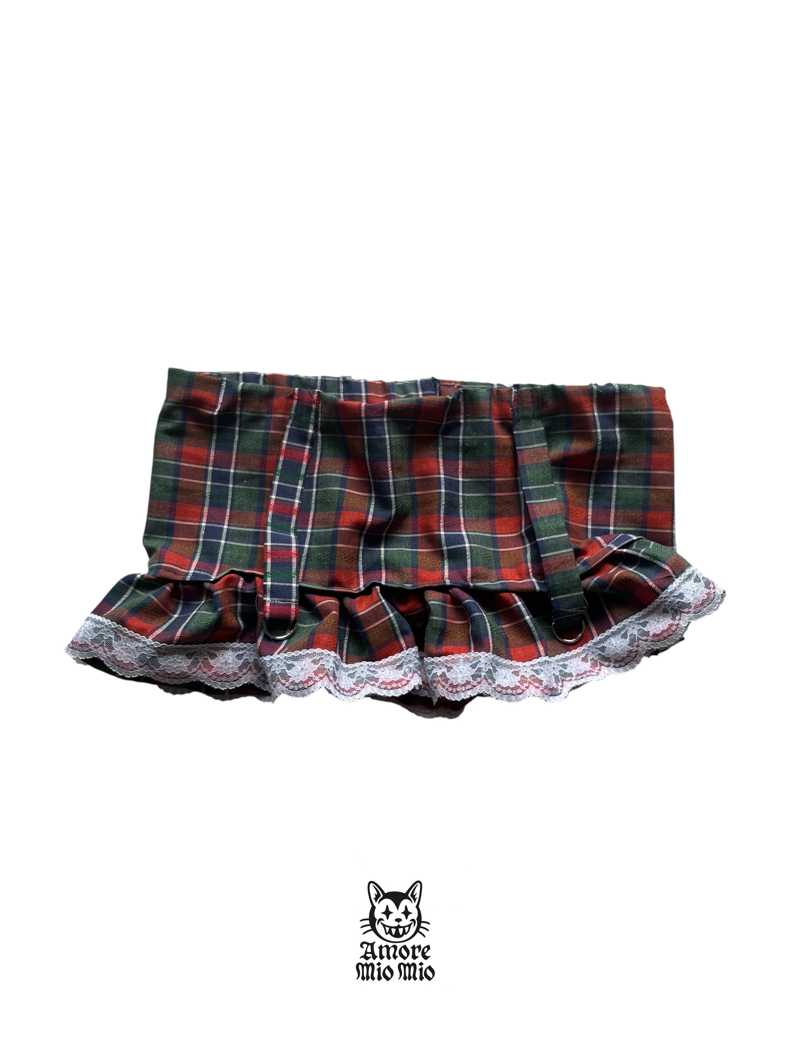 Plaid Mini Skirt with Lace Trim & Straps