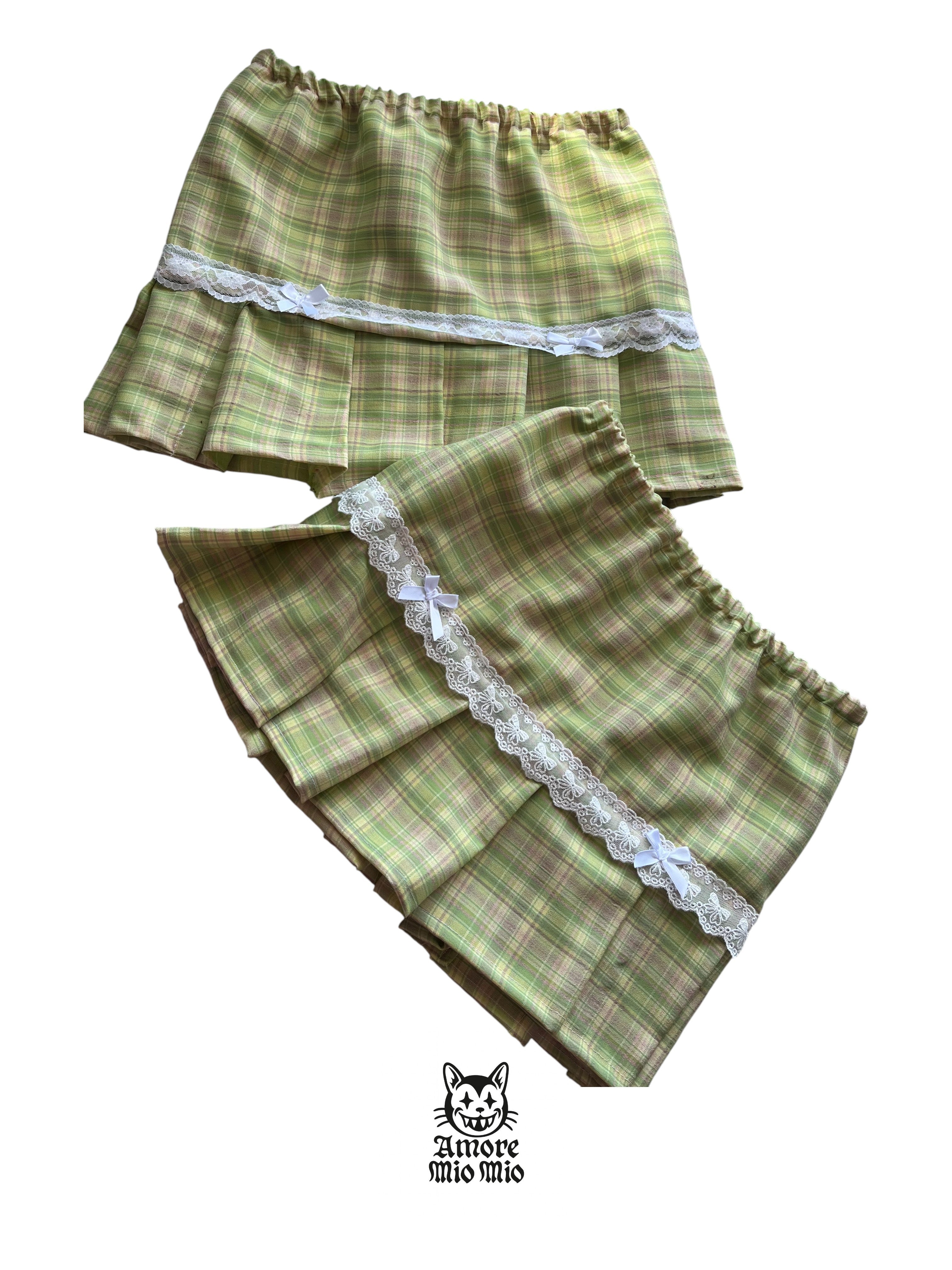 mini falda de estampados cuadros verdes con encaje